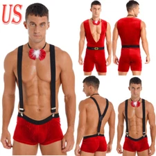 Men's Velvet Briefs Bodysuit Christmas Costume Romper Pajama Cosplay Outfit