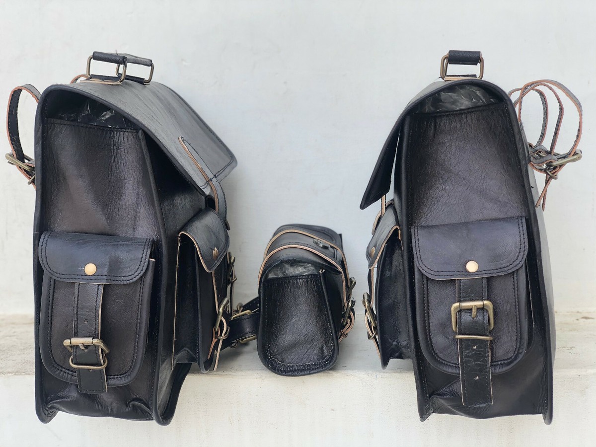 Paire De Grandes Sacoches De Selle Moto 15 Pouces En Vrai Cuir - Marque Artisanale - Brun