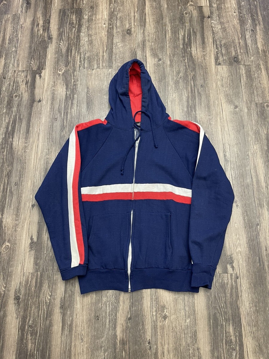 Vintage Blank Distressed Navy Blue Red Full Zip Hoodie Sweatshirt Size  Large | eBay