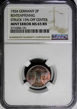 ER036 1924 Germany 2P Rentenpfennig Struck 15% off center Mint Error NGC MS65 BN