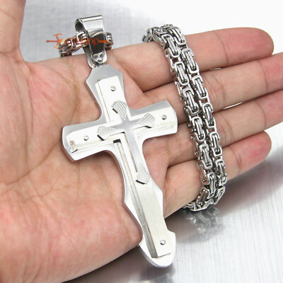Huge Heavy 316L Stainless Steel Cross Mens Pendant Necklace Large Silver 3 Layer