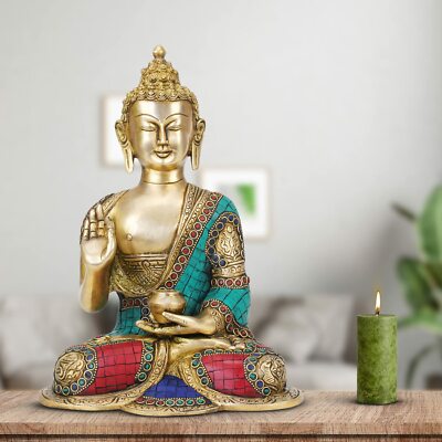 Handmade Turquoise Brass Buddha in Blessing Posture Home Decor Diwali Gift 10''
