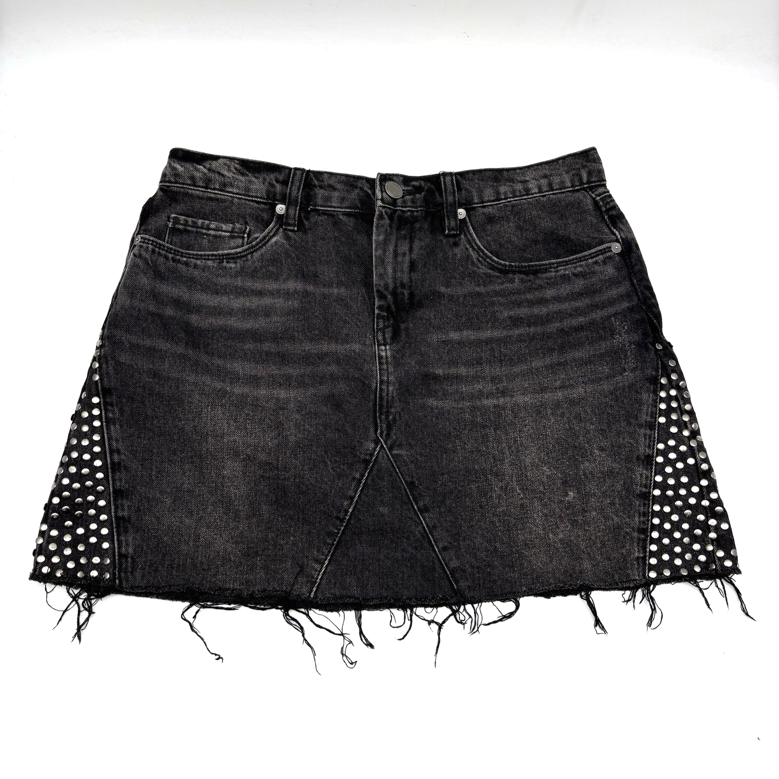 Blank NYC Black Raw Hem Studded A-Line Denim Mini Skirt 28 30x30