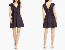 TED BAKER Navy Blue Ruffle Skater Pleated Flare V-Neck Mini Dress 0 = 2 US = XS