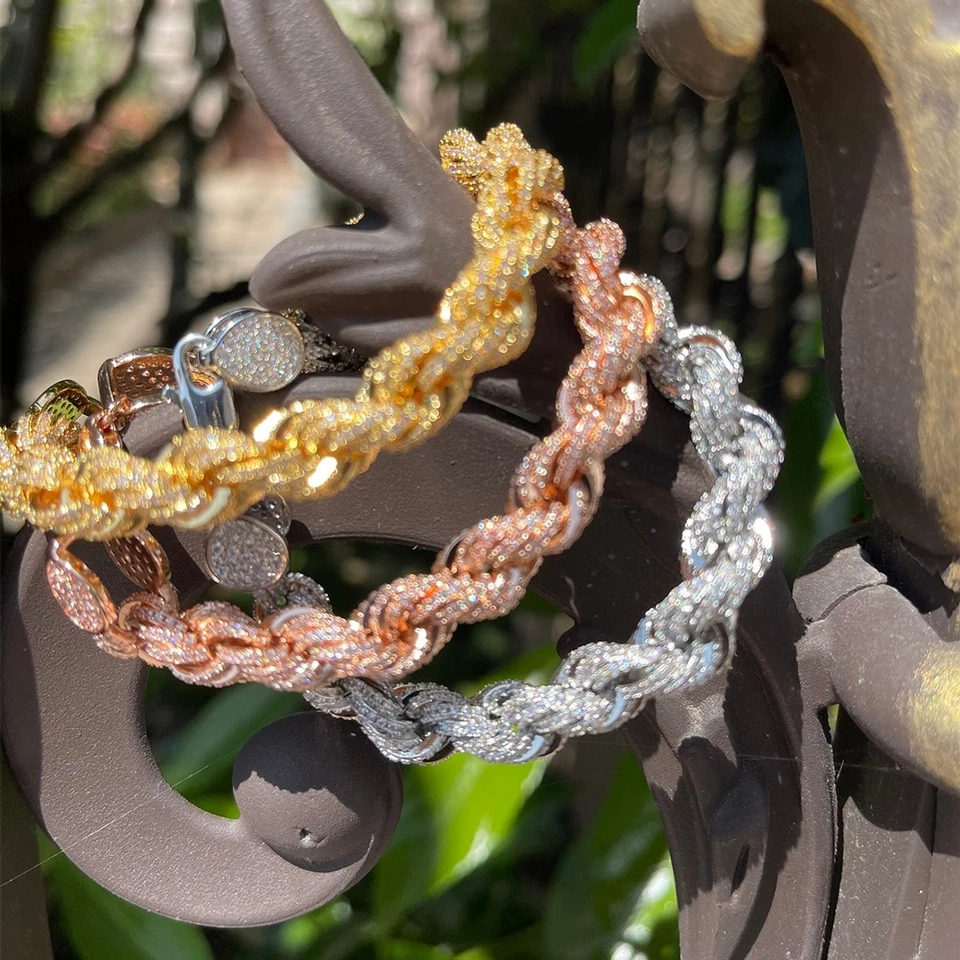 Cadena de eslabones de cuerda de diamante simulado de corte redondo de 9 mm chapada en oro amarillo de 14 K plateada Foto 4 de 4