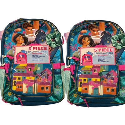 2-Pack Encanto Girls 5-Piece Backpack Set Lunch Bag Supply Case Hair Tie New