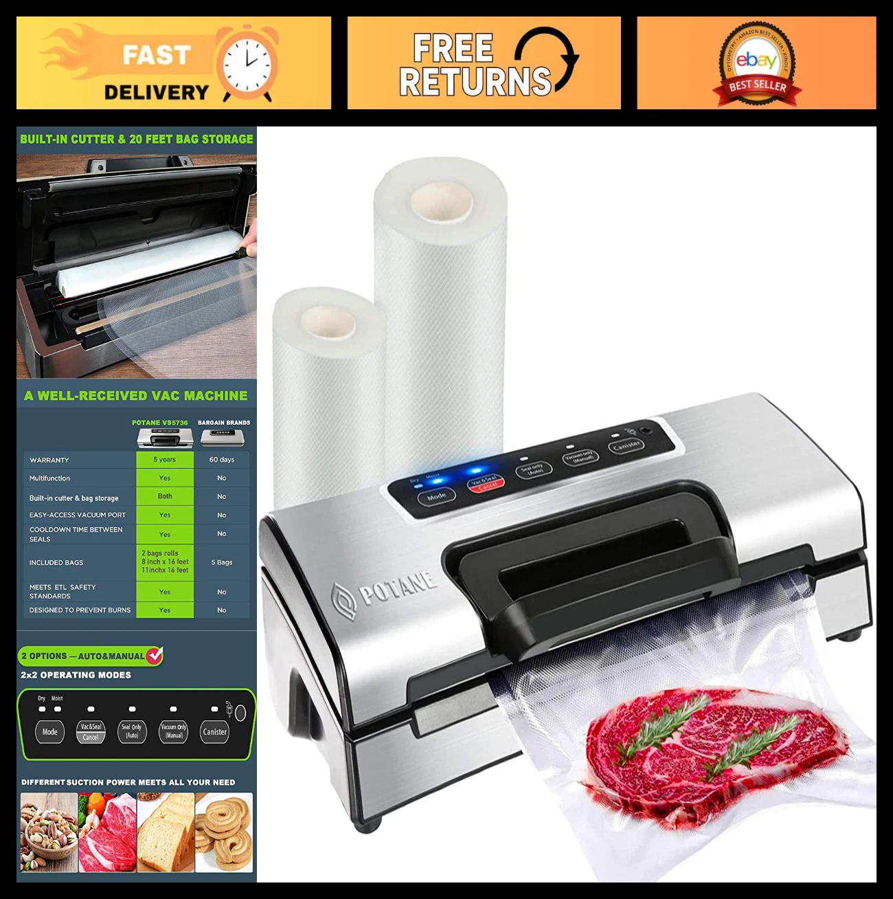Pro Food Vacuum Sealer with Cutter & Bag Storage, Auto/Manual Modes, 2 Rolls Inc