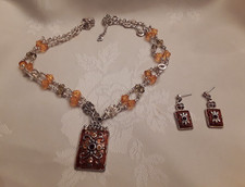 Beaded Silver Tone Necklace with Pendant Pierced Dangle Earrings Set