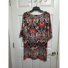 Travel Vacation Dress Shift Flowy 3/4 Length Sleeves Jacobean Floral Size Large