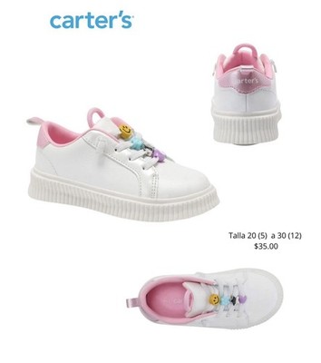 Carter's Girls White Pink Sneakers with Smiley Face, Heart, Star, Flower Accents