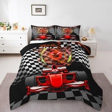 Kids Red Racing Car Comforter Set Twin Size, Extreme Sports Duvet Insert Kart...