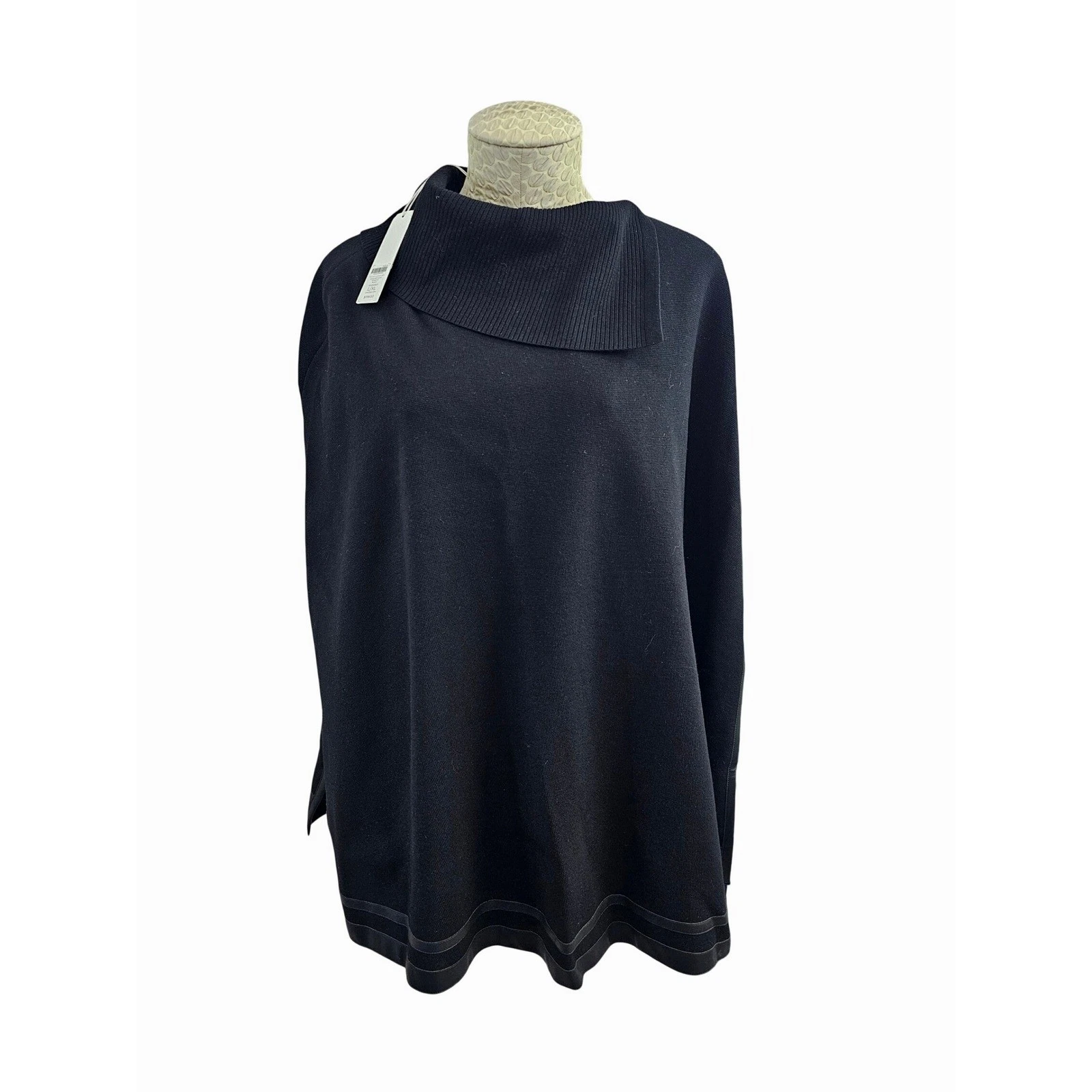 Chico's Black Split Neck Leather Trim Sweater Cape Poncho L/XL 570353947 NW $119