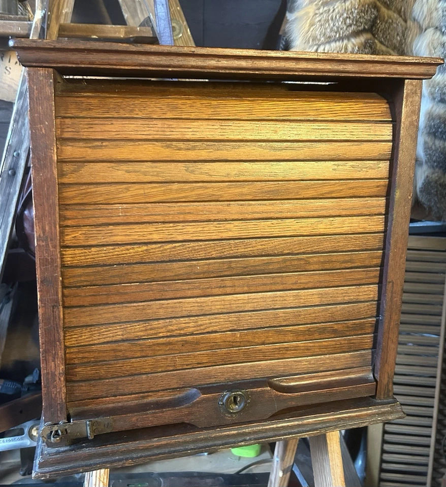 ANTIQUE OAK Two Shelf ROLL-TOP Train Watch CABINET Primitive Old West 1800s NICE - Image 4 of 4
