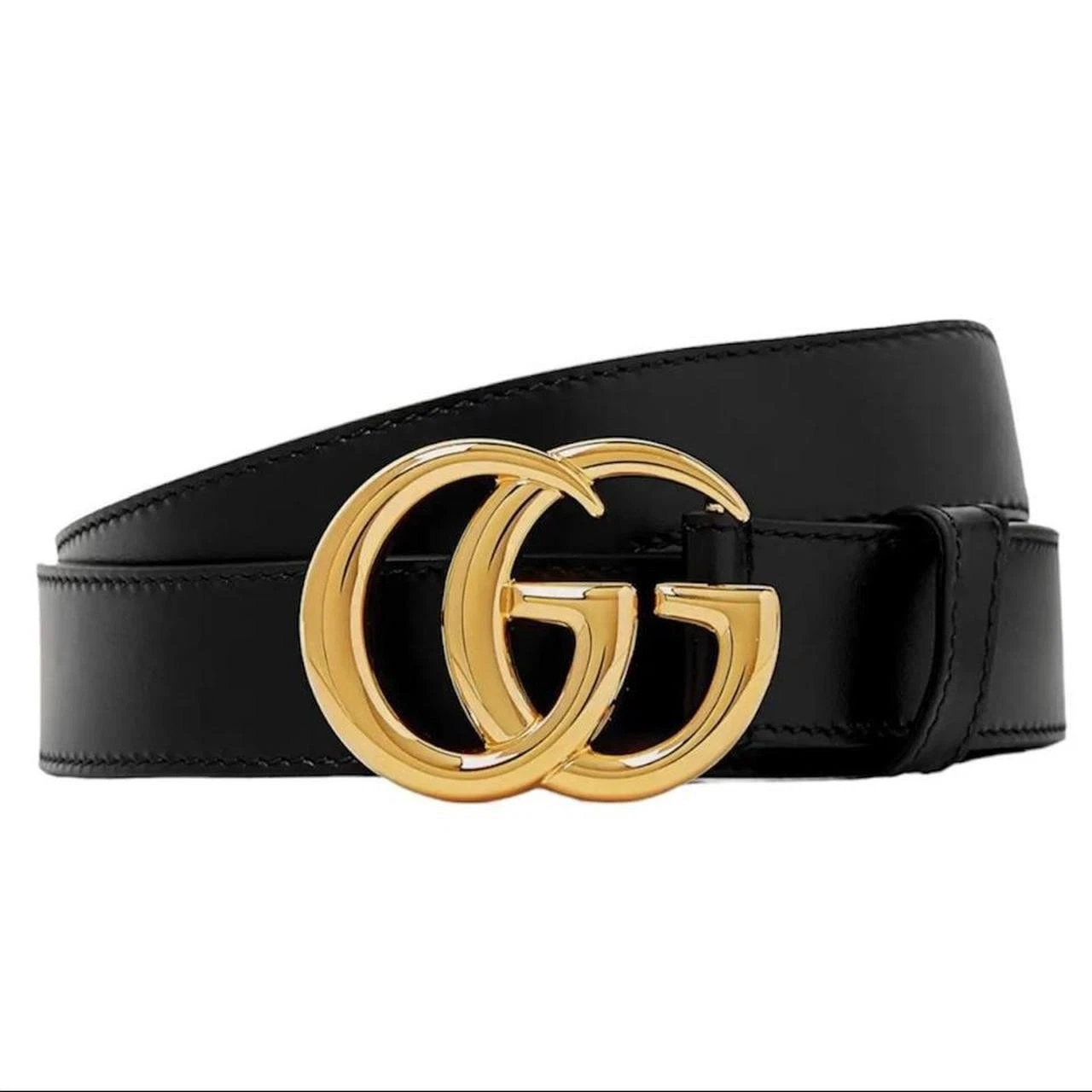 Gucci Ceinture large en cuir noir et or GG Marmont avec boucle brillante