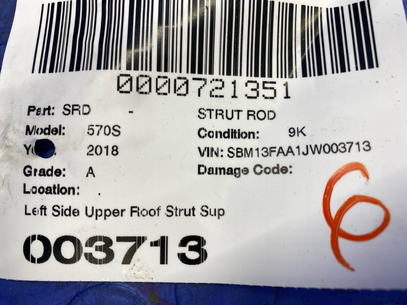 2016-2021 Mclaren 570s Left Side Upper Roof Strut Support Rod 90000003058 oem