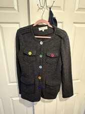GHARANI STROK London Grey Wool Military Jacket Rainbow Multi Color Buttons UK 12