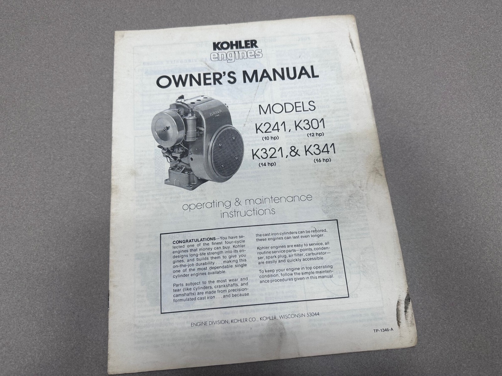 Kohler Engine Owner's Manual K241 K301 K321 K341 Operator's TP-1346-A ...