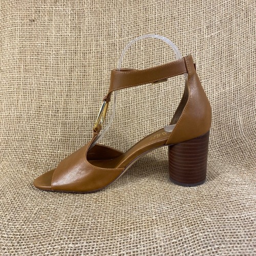 Ralph Lauren Sandals Heels beige caramel brown leather sling back gold women 7B - Picture 7 of 11