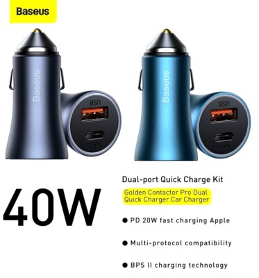 Baseus Golden Contactor Pro Dual Quick Charger Car Charger U+C 40W Apple Samsung