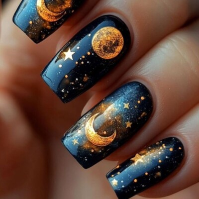 24 Pcs Square False Nail on Nail With Moon And Star Designs Glossy Effect