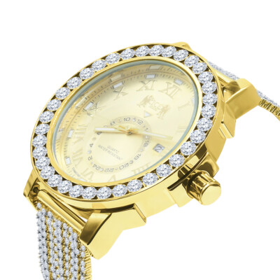 Yellow Gold Tone Solitaire Real Diamond Dial Roman Face Custom Band Bezel  Watch