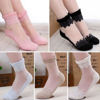 Women Cute Ultrathin Transparent Beautiful Crystal Silk Lace Elastic Short Socks