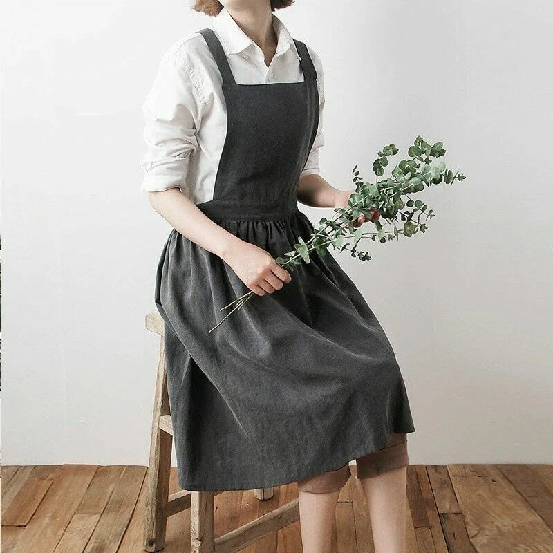 Mujeres Babero Delantales Algodón Lino Delantal Vestido Café Cocina Floristería Gris Foto 2 de 4