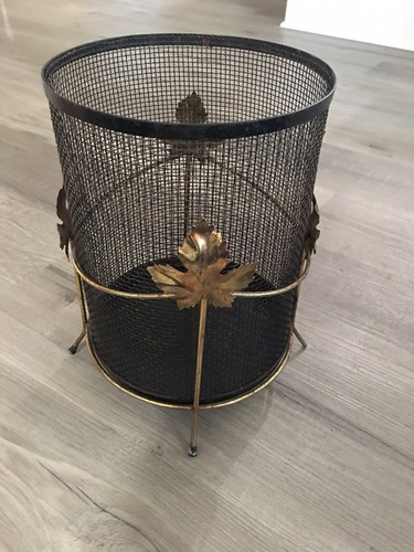 VINTAGE MID CENTURY MODERN BLACK METAL MESH AND BRASS LEAVES WASTE BASKET