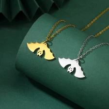 VASSAGO Inverted Bat Pendant Necklace Stainless Steel Animal Jewelry