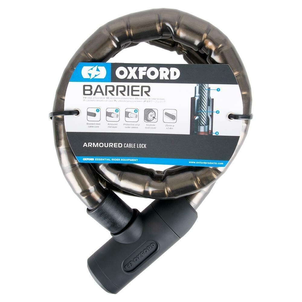 Oxford Barrier Motorcycle Cable Lock Scooter Security 1.4m x 25mm Smoke New