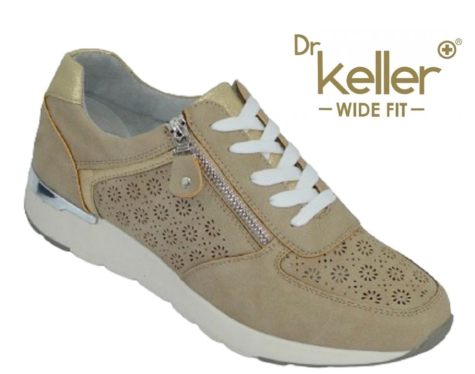 Womens Dr Keller Beige Wide E Fit Lace Up Trainers Ladies Casual Sneakers Size