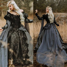 Gothic Black And Gray Ball Gown Wedding Dresses Lace Appliques Puff Long Sleeve