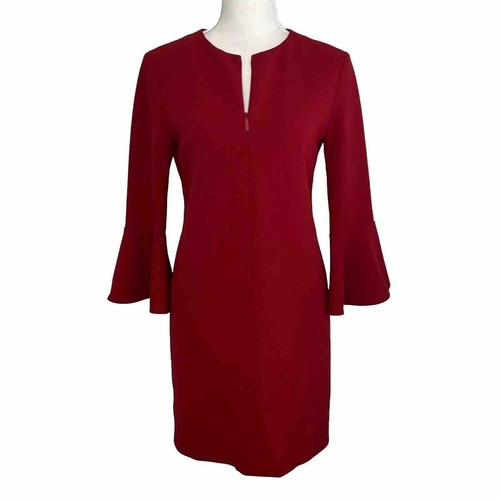 Tibi Rust Bell Sleeve Mini Shift Dress V Neck 3/4 Sleeves Brick Red Polyester XS