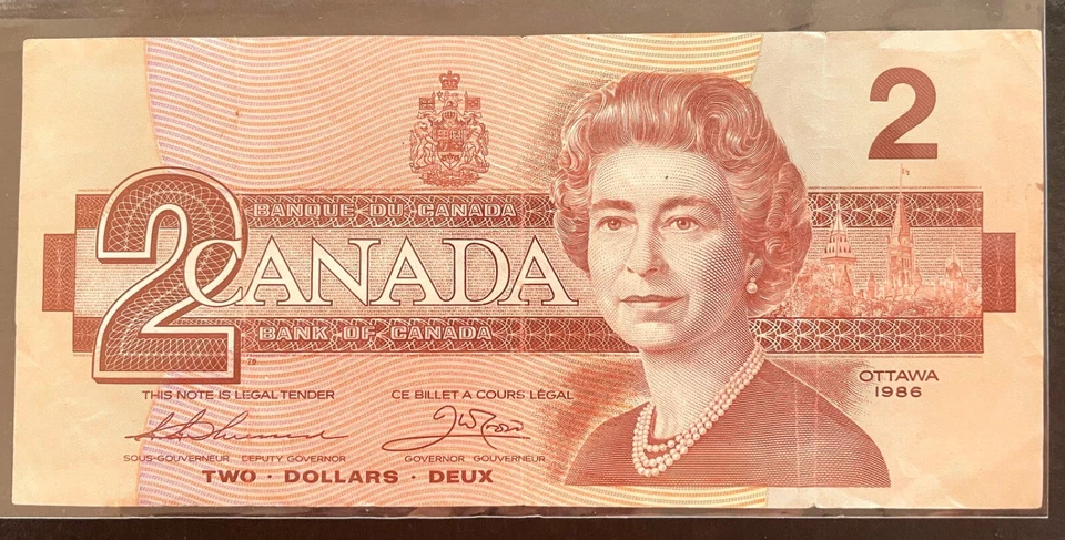 1986, Canadá, nota de US$ 2, Thiessen/Corvo, Grande "B", Pequeno "B", Variedade - Imagem 2 de 2