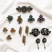 Rhinestone Hair Barrettes Clips Bobby Pins Lot of 15 Flower Leaf Skull Rose