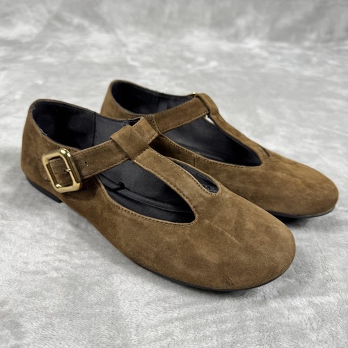 Zara Schuhe Damen Größe 38 Braun Wildleder T-Riemen Ballerinas Schnalle Mary Jane