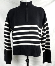 NEW NWT DKNY Black White Striped Quarter-Zip Boxy Cropped Sweater M