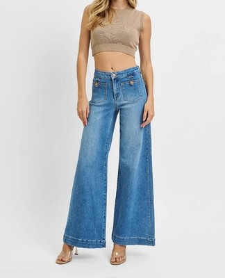 BRAND NEW Risen Mid Rise Wide leg Front Patch Pocket Denim Jeans womens 