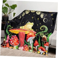 Mystical Forest Frog and Mushroom Throw Blanket - Soft Flannel 60" x 50" Black