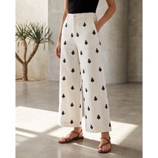 Zara Women's XS Embroidered Linen Wide Leg Pants Eggshell White Black NWT