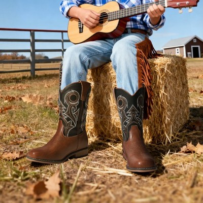 Kids Pull On Western Boots Square Toe Boys Girls Cowboy Cowgirl Mid Calf Boots