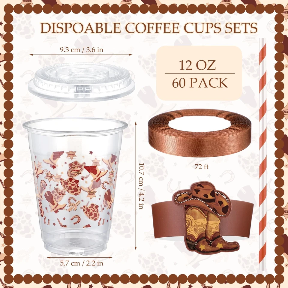 60 piezas 12 OZ Western Cowboy tazas de plástico con tapas mangas y pajitas marrón con... Foto 2 de 4