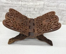 Vintage Large 14" Intricate One Piece Carved Wood Open Book Stand Bible Holder
