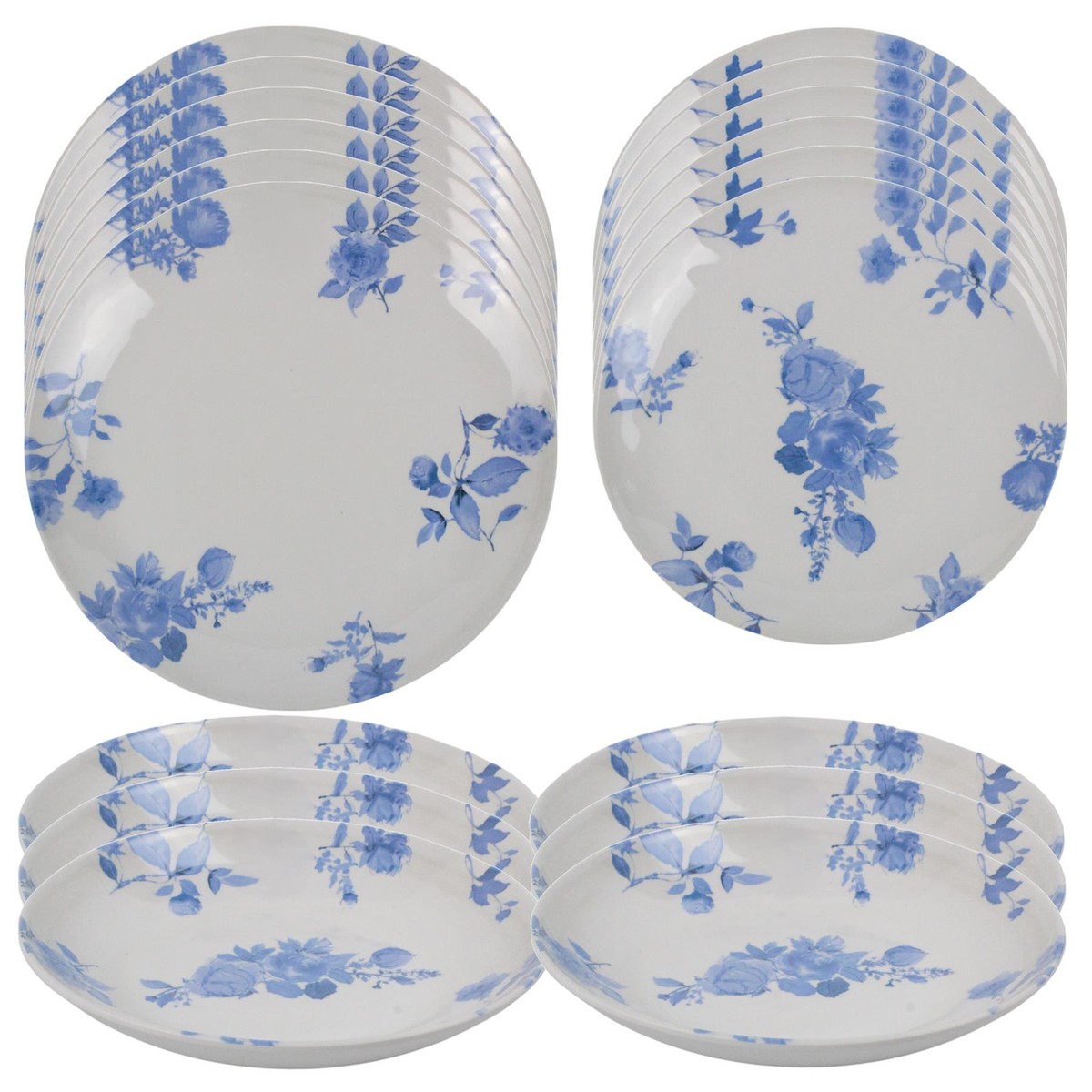 Cottage Blue Floral 18Pc Melamine Dinnerware Set Bowl, Dinner
