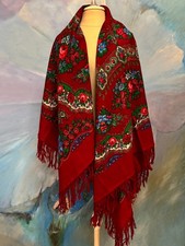 Crimson Red Floral Fringe Shawl 60x60” Russian Style Folk Wrap Wool Blend