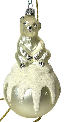 Czech Republic Polar Bear Cub Snowball White GlassChristmas Tree Ornament 5.5 