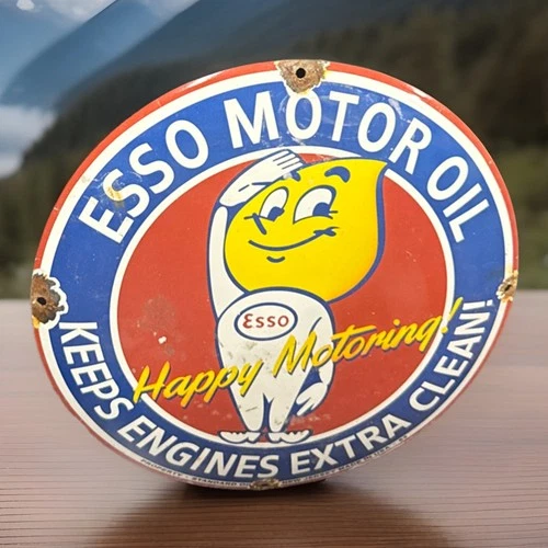 Vintage ‘62 Esso “HAPPY” Drop Boy Porcelain Enamel Metal Pump Plate Domed Sign