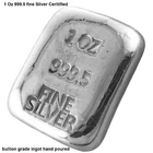 Silver Ingot 1 Troy Oz 999.5 Fine Certified Bullion Grade Bar Hand Poured