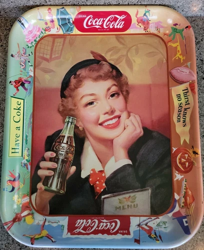 VINTAGE 50'S COKE COCA COLA TIN LITHO MENU GIRL TRAY THIRST KNOWS NO SEASON VGC