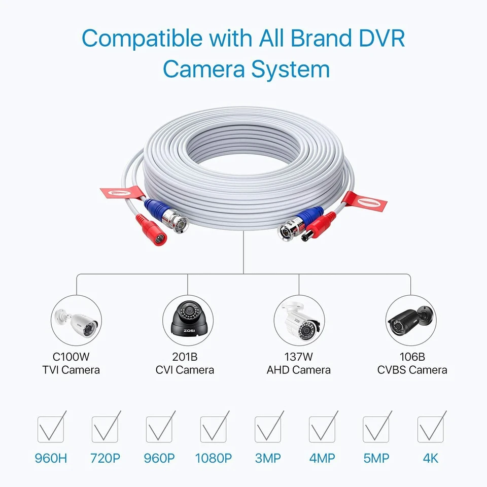Cabo de alimentação de vídeo ZOSI 4pcs 60 pés/100 pés/150 pés BNC para sistema de câmera de segurança - Imagem 4 de 4